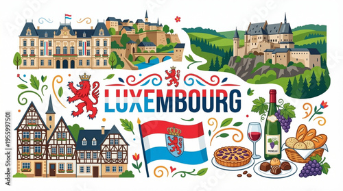 Vibrant Luxembourg Cultural Elements Vector Illustration with Grand Ducal Palace, Vianden Castle, and Local Cuisine