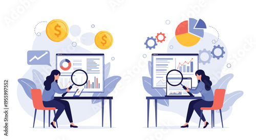 Data analysts working at separate desks using magnifying glasses to scrutinize complex financial reports and charts for business insights.