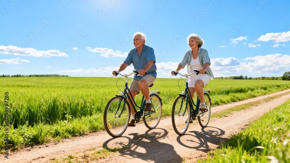 Fototapeta premium Elderly couple riding bicycles on a path