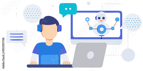 Man using a laptop with a robot displayed on the screen