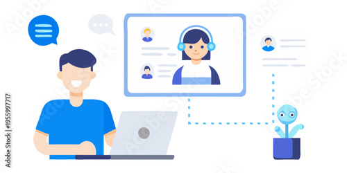 Man video conferencing with a woman wearing headphones on a laptop