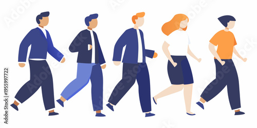 A diverse group of people walking together in a modern illustration