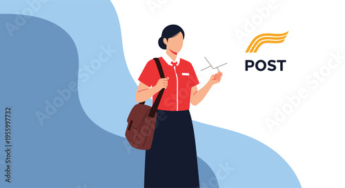 Friendly postwoman in a red uniform holding a mail bag and a paper airplane representing fast and efficient postal delivery services.