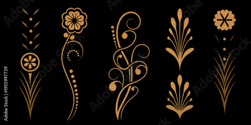 Elegant golden floral and leaf flourishes on a dark background
