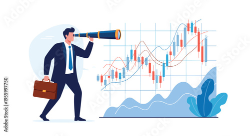 Professional trader observing stock market fluctuations through a telescope to forecast future price trends on a candlestick investment chart.