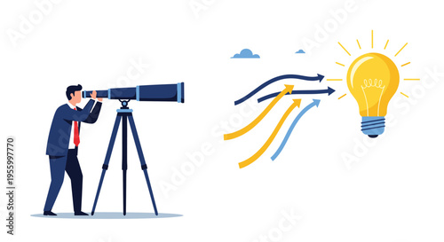 Innovative businessman looking through a telescope at a giant lightbulb to discover creative solutions and strategic business insights.