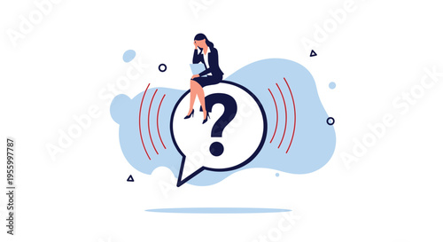 Thoughtful businesswoman sitting on top of a giant question mark while contemplating difficult decisions or searching for new solutions.