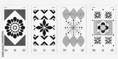 Four black and white geometric patterns arranged vertically in narrow panels