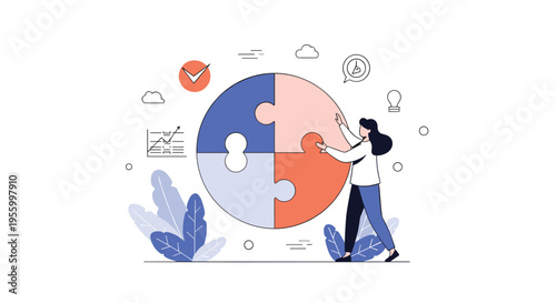 Collaborative woman placing the final piece of a large circular puzzle representing the completion of a complex project or business strategy.