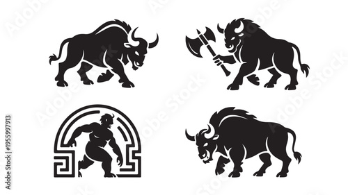 Black silhouettes of powerful animals and mythological figures for strength concepts