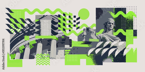A modern digital collage featuring classical sculpture and abstract shapes
