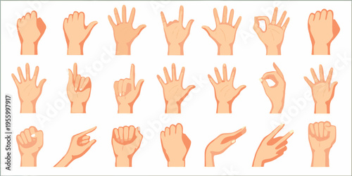 Collection of diverse hand gestures displayed on a white background