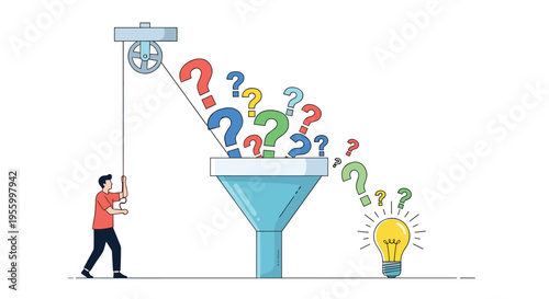 Creative man processing multiple complex questions through a funnel to distill them into a single bright innovative idea lightbulb.