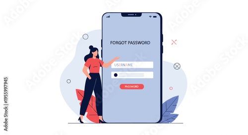 Worried woman looking at a large smartphone screen displaying a forgot password notification while trying to access her online account.