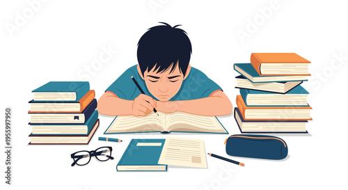 Young student focused on his studies while sitting at a desk surrounded by tall stacks of books and writing notes in a notebook.