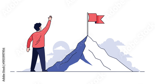 Determined man standing at the base of a snowy mountain peak looking up at a red flag that marks his ultimate goal and success.