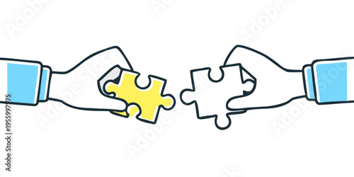 Two hands reaching to connect a single puzzle piece