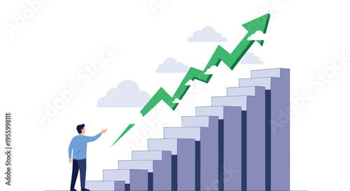 Successful businessman pointing towards a rising green arrow on a set of stairs symbolizing continuous growth and career advancement.