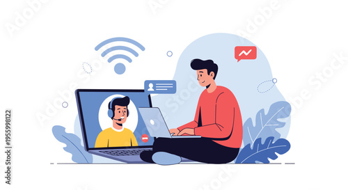 Young man sitting comfortably on the floor while having a video call with a customer support representative or a remote colleague.