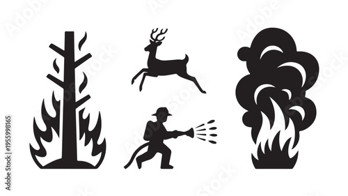Firefighter Silhouette Fighting Forest Fire With Deer Running Away From Flames On White Background For Emergency Service Concepts