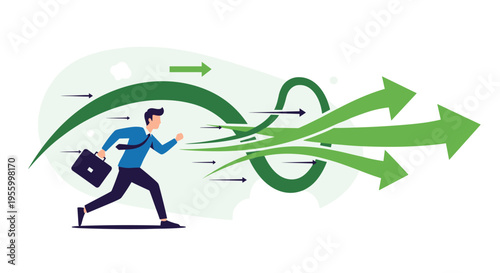 Fast running businessman moving alongside many green arrows that symbolize rapid growth and a clear direction for his successful career.