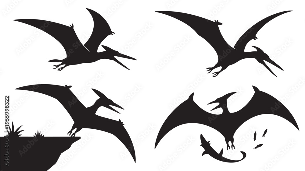 Obraz premium Pterodactyls Flying Silhouettes On White Background For Prehistoric Dinosaur Concepts