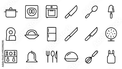 White outline icons featuring refrigerators and ovens among other kitchen tools are shown on a black background in a linear style.