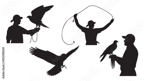 Silhouette Of Man Training Falcon Bird With Leather Glove And Jesses For Wildlife Conservation Concepts
