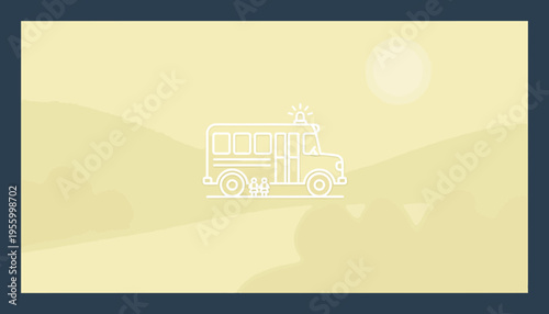 School Bus Icon on Sunny Landscape Background