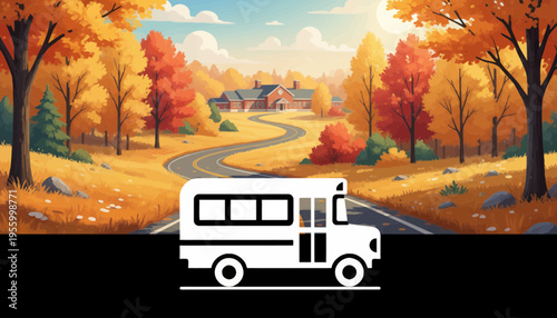 School Bus on Autumn Road with Colorful Trees and House