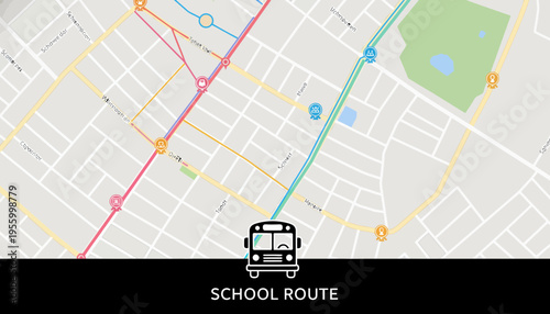 School Bus Route Map with Navigation Lines and Bus Icon