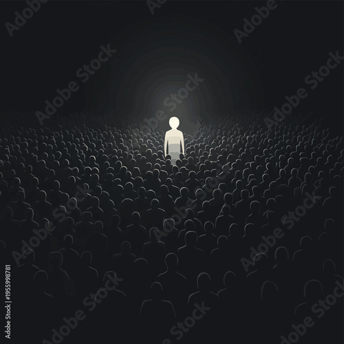 A luminous figure stands out amidst a crowd of grayscale figures, in a dark space , vector style simple color
