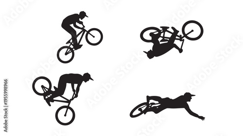 BMX Rider Silhouettes Performing Tricks On White Background For Sports Concepts