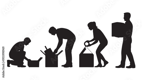 Silhouettes Of People Moving And Packing Boxes For Office Relocation Concepts