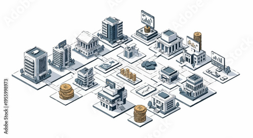 Isometric cityscape with various buildings and infrastructure.