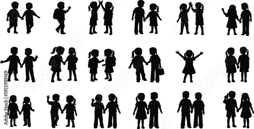 Set of children silhouettes boys and girls interacting playing together school kids friendship collection black isolated vector illustration