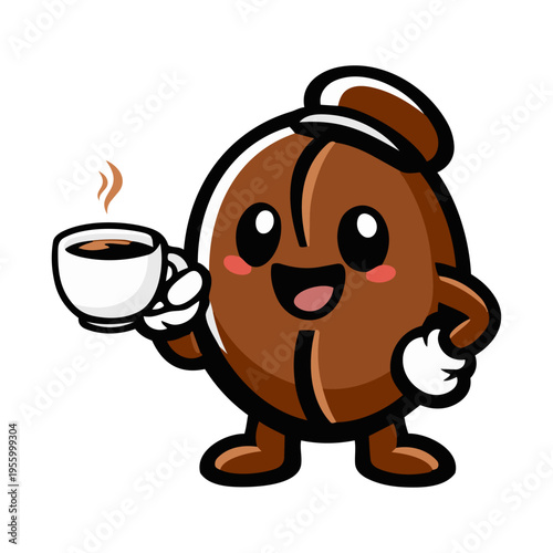 Friendly barista coffee seed character illustration with hot espresso cup