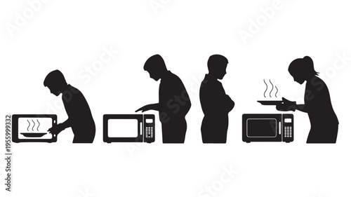 People Silhouettes Using Microwaves For Cooking Illustrations