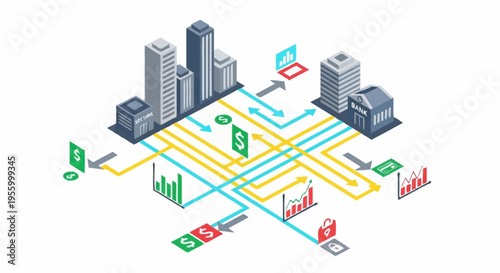 Financial city infrastructure with money flow.