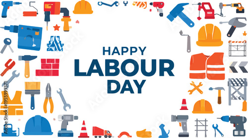 Happy labour day greeting card with construction tools and equipment frame