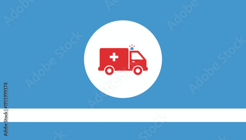 Red Ambulance Icon on Blue Background with White Stripe - Emergency Medical Service