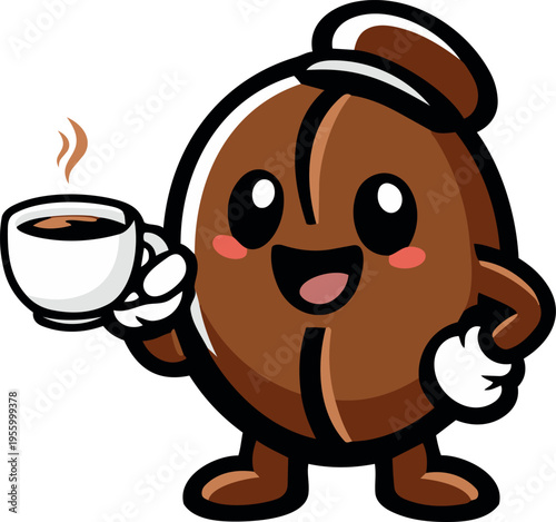 Cute coffee bean cartoon mascot holding a steaming coffee cup