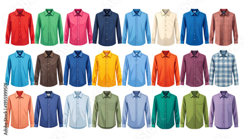 A collection of various colored dress shirts on transparent background