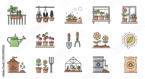 Urban Gardening and Houseplants Line Icon Set