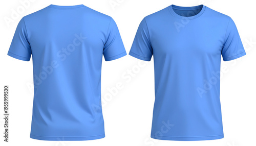 A blue t-shirt displayed from both the front and back on a transparent background