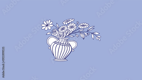 Blue Line Art Vector Illustration of a Striped Greek Style Vase with a Flower Bouquet