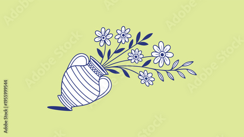 Blue Line Art Vector Illustration of a Striped Greek Style Vase with a Flower Bouquet