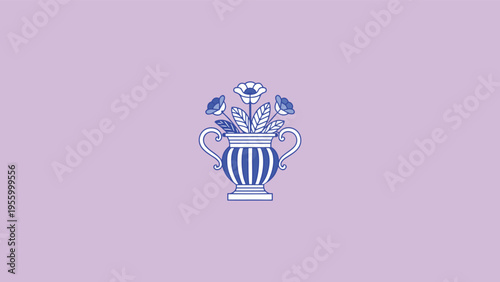 Blue Line Art Vector Illustration of a Striped Greek Style Vase with a Flower Bouquet