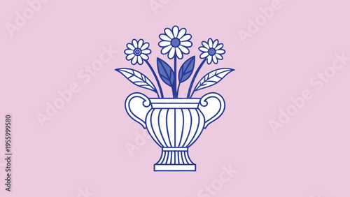 Blue Line Art Vector Illustration of a Striped Greek Style Vase with a Flower Bouquet