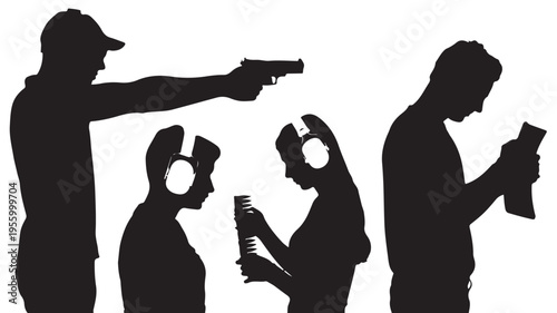 Silhouette Of Man Threatening Others With Gun While Two People Ignore Him On White Background For Social Commentary Concepts